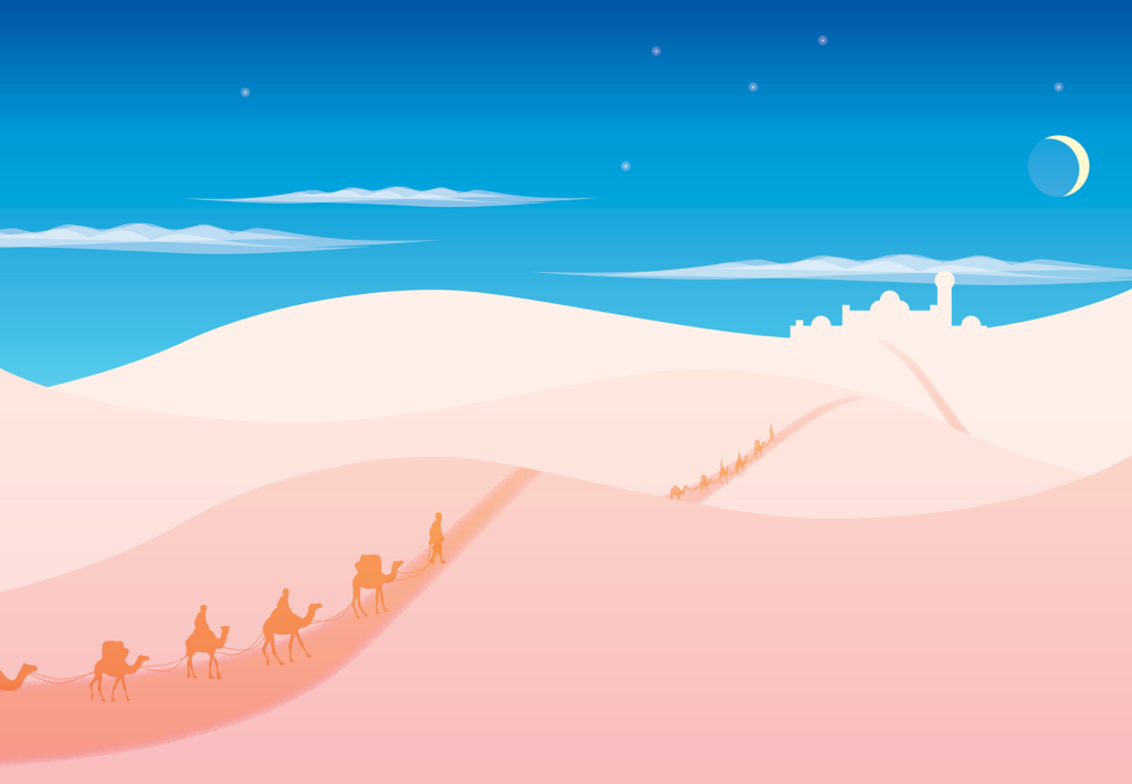 Kuvitusmaisema aavikosta, jossa kulkee kamelikaravaaneja kohti kaupunkia