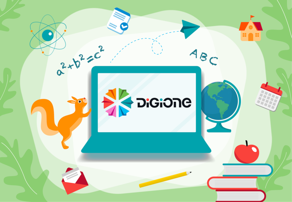 Kuvitus kuva, jossa tietokoneen ruudulla on DigiOnen logo ja koneen ympärillä kouluun liittyviä asioita.